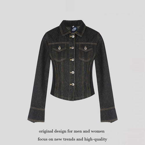 Damen taillierte Cropped-Jeansjacke mit Formnähten, Brustpatten und Schmuckknöpfen Drune