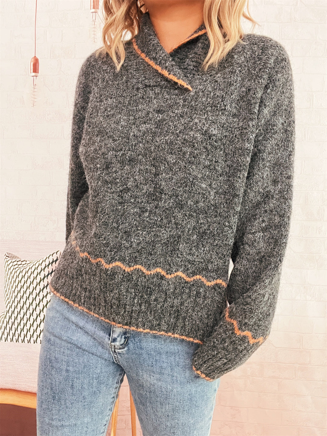 Damen kuscheliger Strickpullover mit Wellenrand Drune