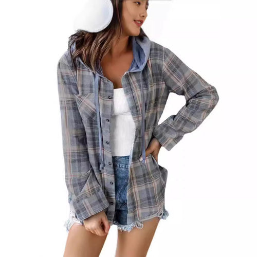 Damen nostalgische Karobluse mit Kapuze und Knopfverschluss Drune