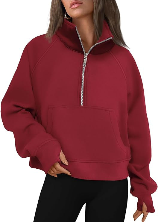 Damen nan cropped Halbzip-Sweatshirt mit hohem Stehkragen, Kängurutasche und überschnittener Schulter Drune