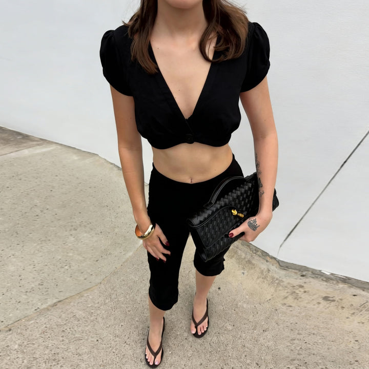 Damen Crop-Top mit tiefem V-Ausschnitt und Puffärmeln Drune