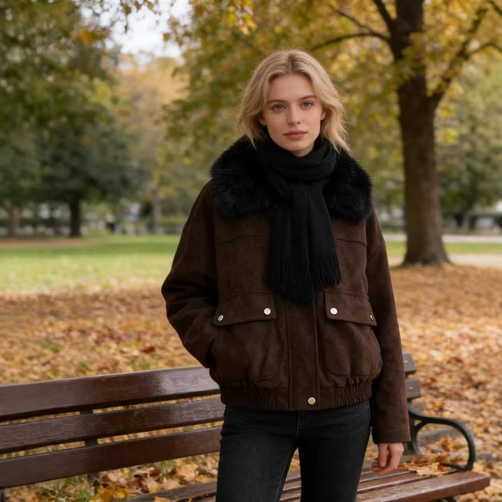 Damen Oversized Aviator-Jacke aus Velourslederimitat mit großem Kunstfellkragen Drune