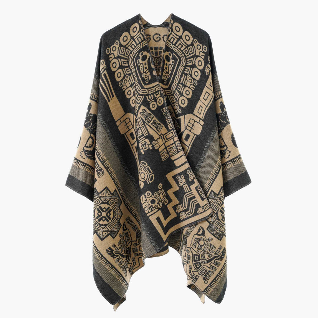 Damen Oversize‑Jacquard‑Wrapcape mit geometrischem Aztekenmuster Drune