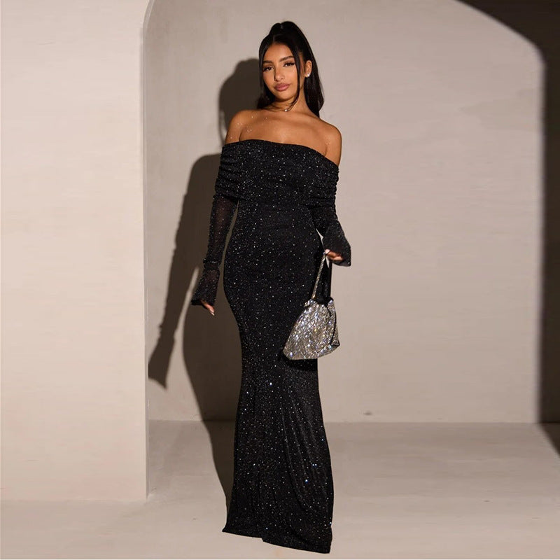 Damen Elegantes schulterfreies Maxikleid mit glitzernden Akzenten Drune