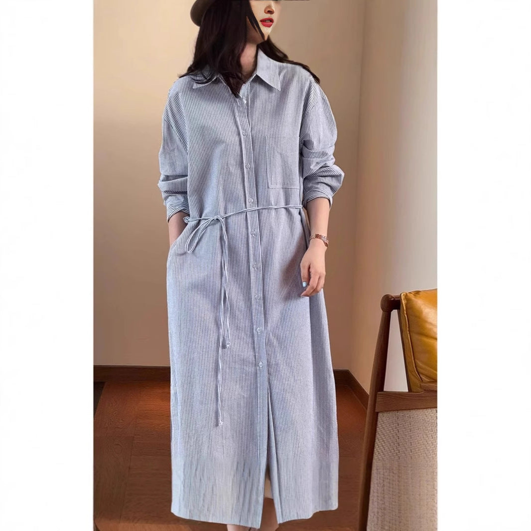 Damen Langes Hemdblusenkleid aus Popeline mit feiner Streifenstruktur, Kordel‑Taille und Seitenschlitzen Drune