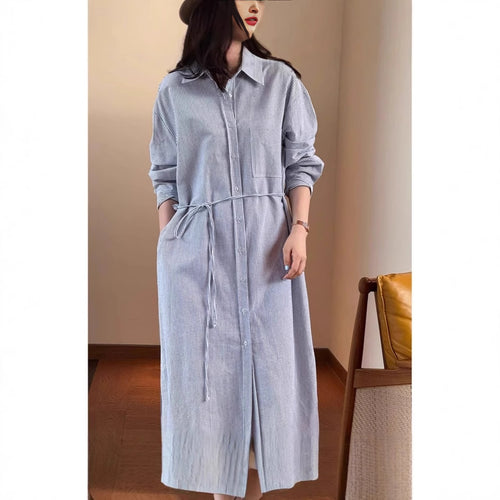 Damen Langes Hemdblusenkleid aus Popeline mit feiner Streifenstruktur, Kordel‑Taille und Seitenschlitzen Drune