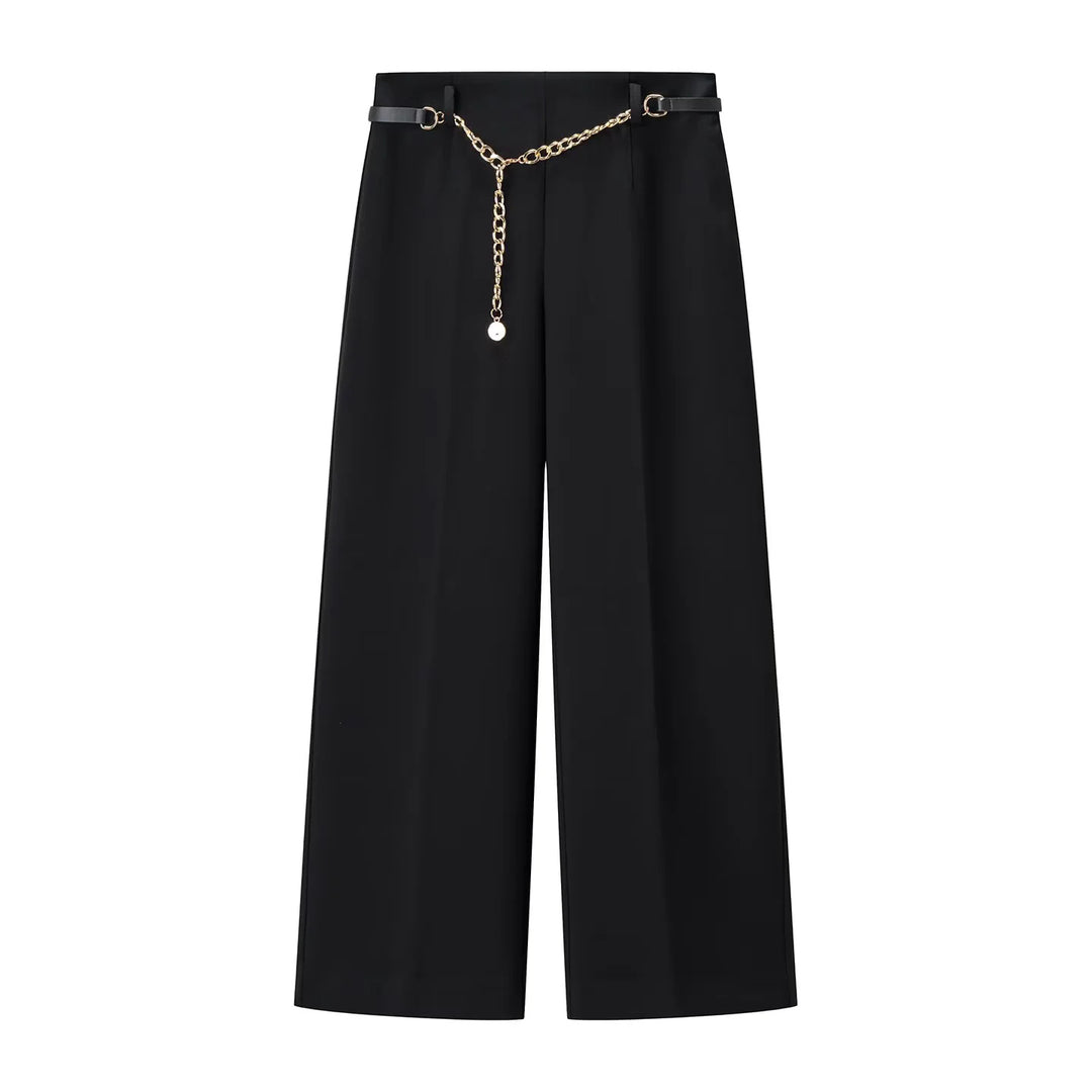 Damen nan weit geschnittene Highwaist-Hose mit Bügelfalte und abnehmbarem Schmuckketten-Gürtel Drune