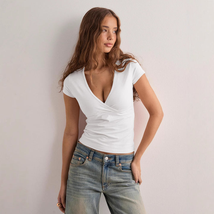 Damen figurbetontes T-Shirt mit elegantem V-Ausschnitt Drune