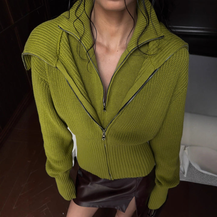 Damen Stylishe Strickjacke mit hohem Kragen und Reißverschluss Drune