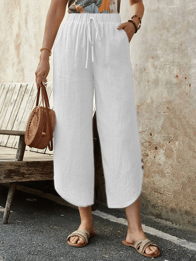Damen luftige Leinenhose mit elastischem Bund und praktischen Taschen Drune