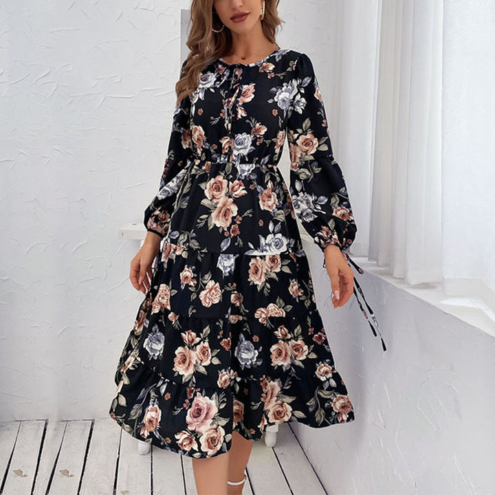 Damen Blumiges Stufen-Midikleid mit Taillenschnürung und Ballonärmeln Drune