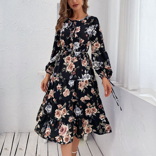 Damen Blumiges Stufen-Midikleid mit Taillenschnürung und Ballonärmeln Drune