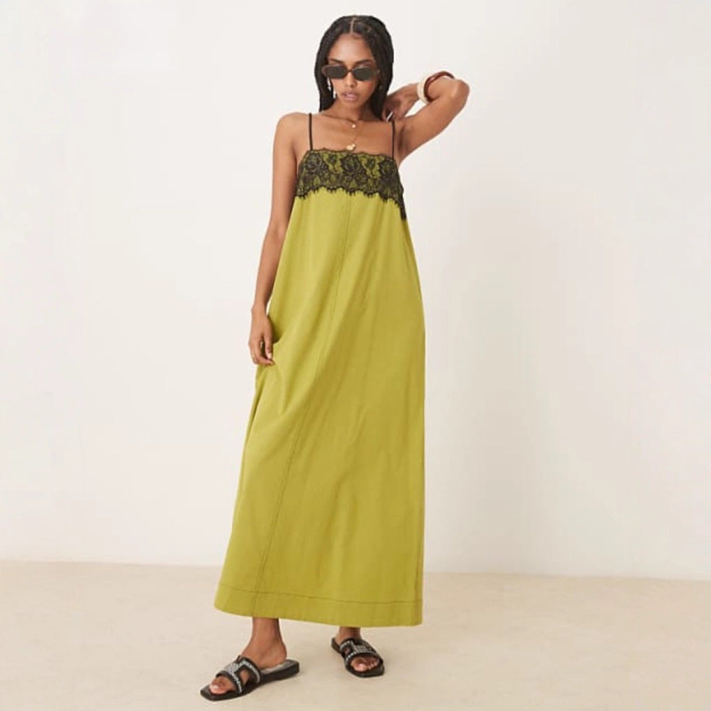 Damen nan nachtwäscheinspiriertes Maxikleid mit Spitzenbustier und schmalen Spaghettiträgern Drune