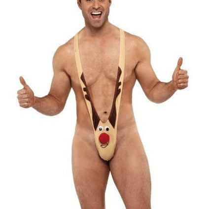 Herren  frecher Rentier Mankini Badeanzug Kostüm mit elastischem Stretch-Slip Drune