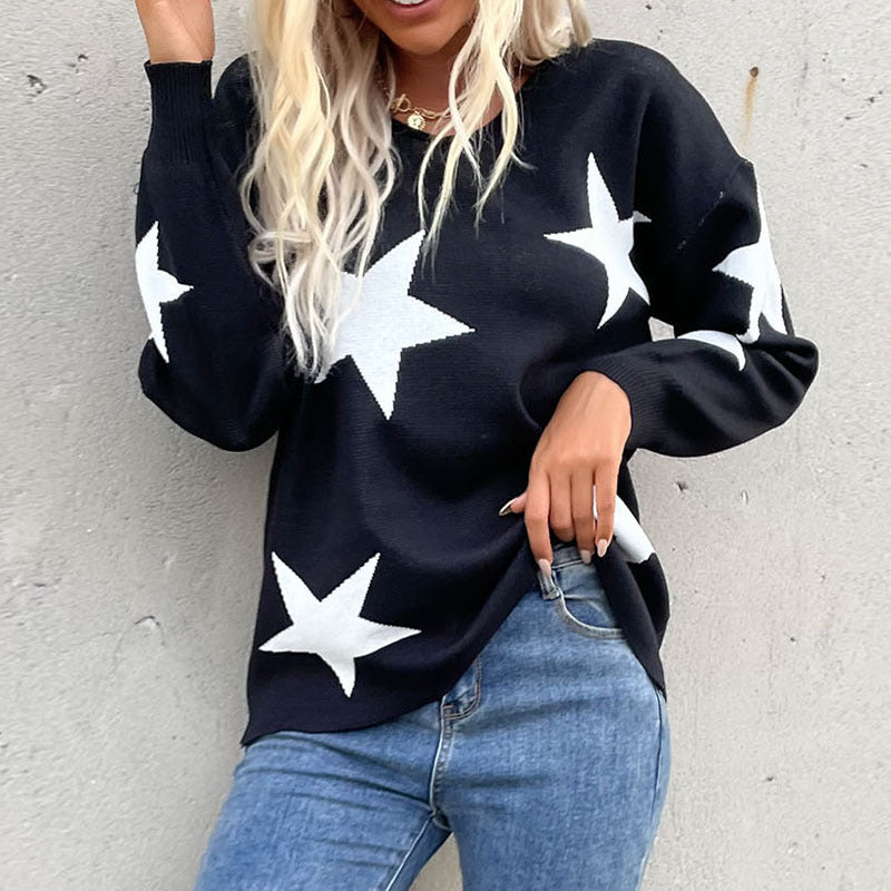 Damen Oversize V‑Ausschnitt Strickpullover mit großem Sternen‑Jacquard Drune