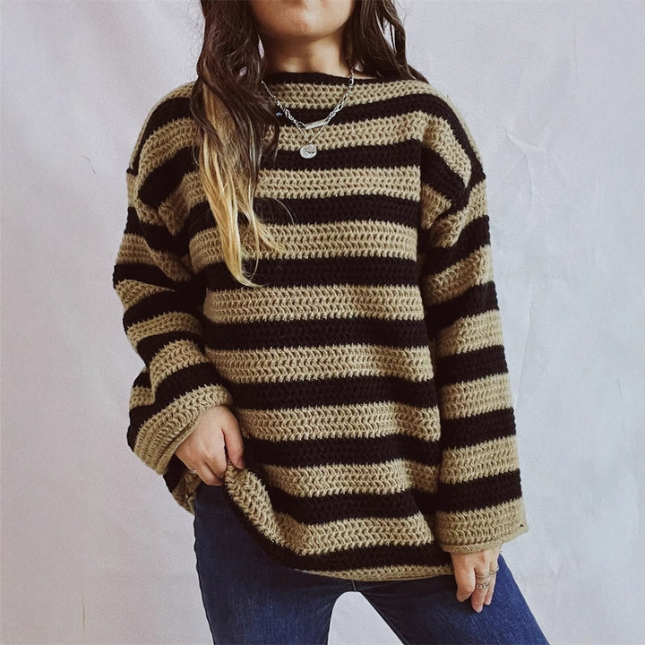 Damen gestrickter Oversized-Pullover mit breitem Streifenmuster Drune
