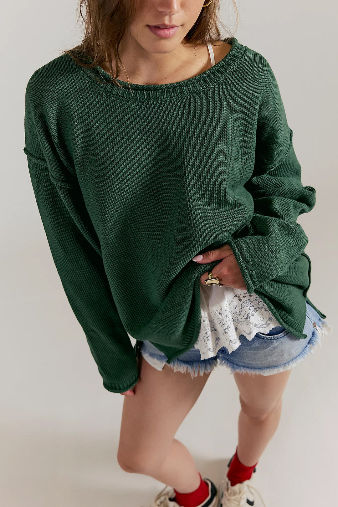Damen lässiger Strickpullover mit weiten Ärmeln und Rippenstruktur Drune