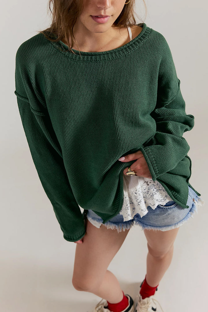 Damen lässiger Strickpullover mit weiten Ärmeln und Rippenstruktur Drune