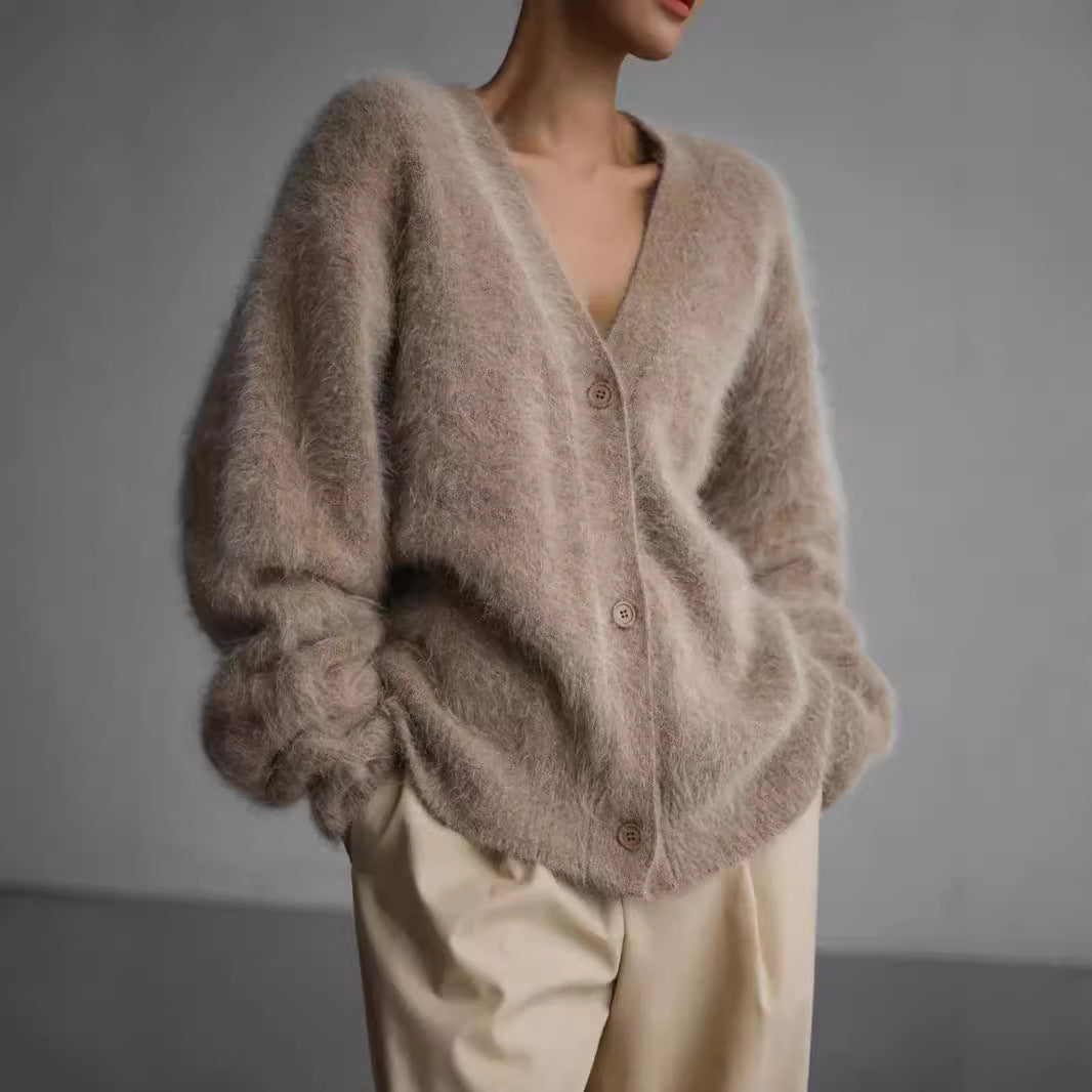 Damen gemütlicher Strickcardigan mit weichem Flauschmaterial und modischem Knopfdetail Drune