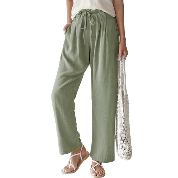 Damen nan lässige Leinenhose mit weitem Bein, elastischem Bund und Seitentaschen Drune