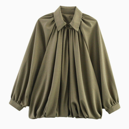 Damen Oversize Plissée-Hemdbluse mit Frontreißverschluss, Kellerfalten und Ballonärmeln Drune