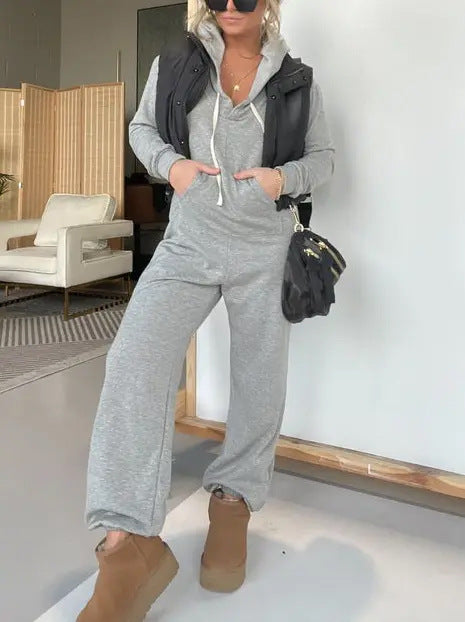 Damen Freizeit Kapuzenoverall mit weitem Bein und Känguru-Tasche Drune