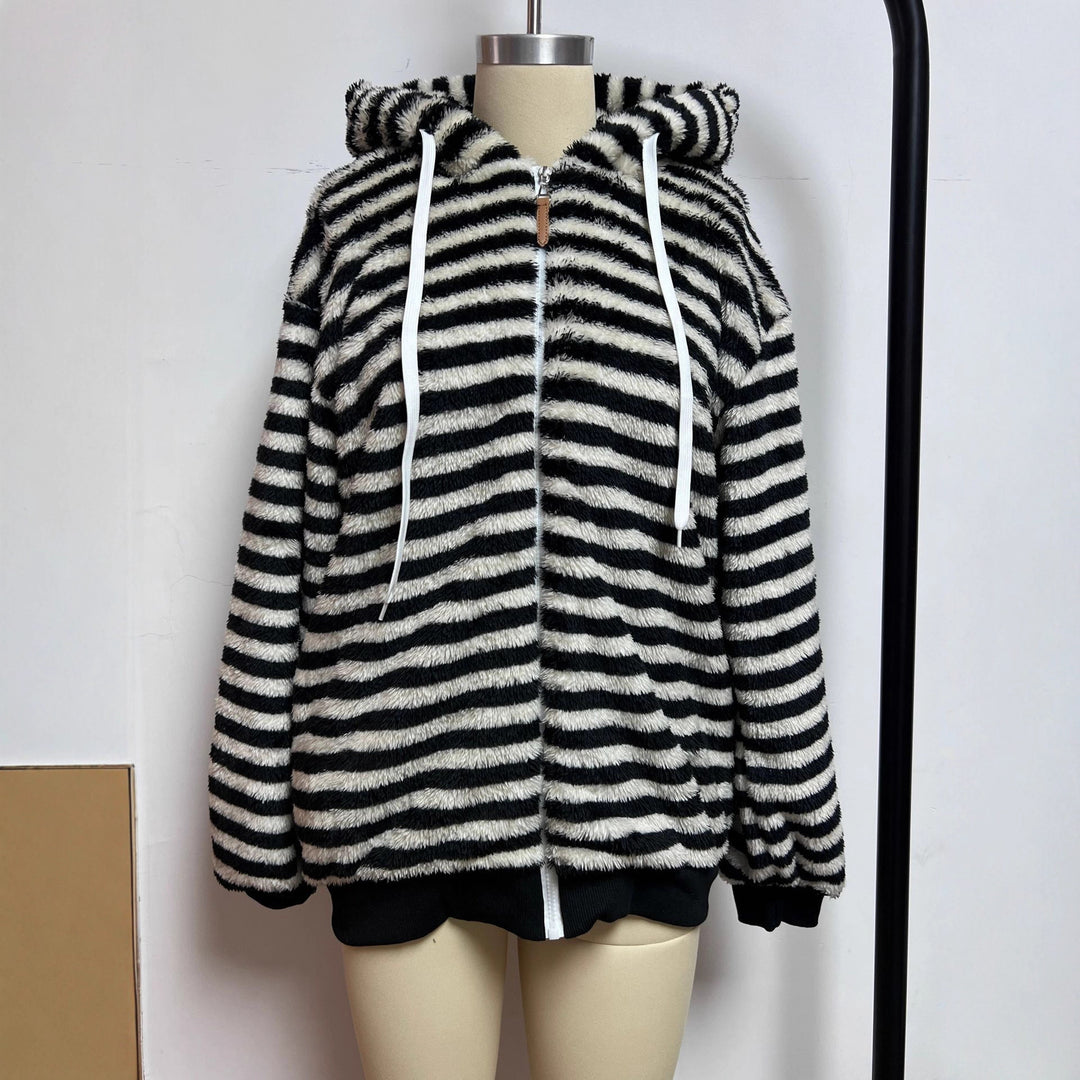 Damen kuschelige Kapuzenjacke mit gestreiftem Design und großer Tasche Drune