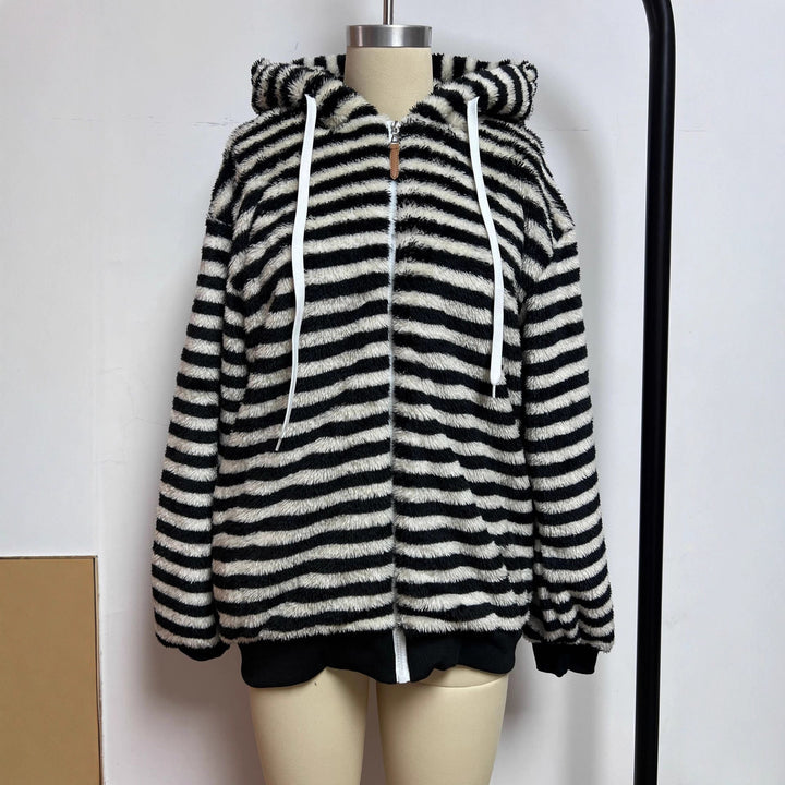 Damen kuschelige Kapuzenjacke mit gestreiftem Design und großer Tasche Drune