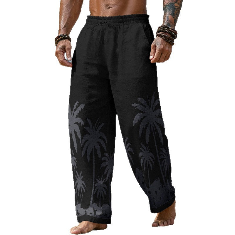 Herren Lässige weite Leinenhose mit elastischem Bund und tonalem Palmenprint Drune