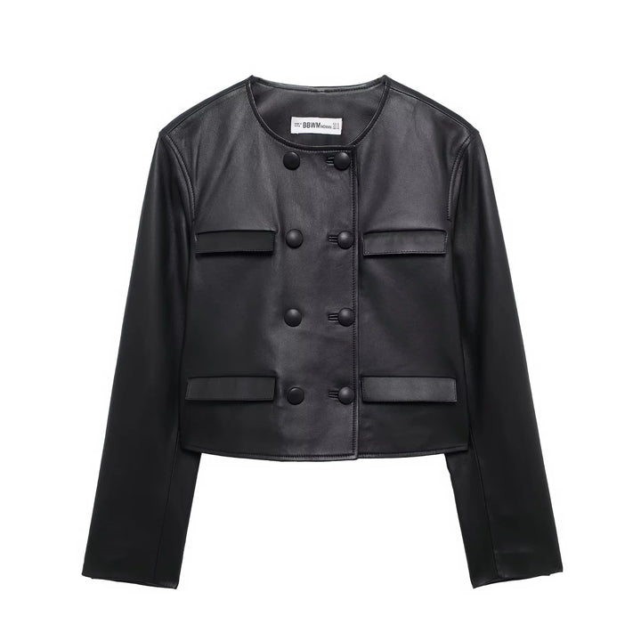 Damen nan cropped Kunstlederjacke mit Rundhalsausschnitt, doppelreihiger Knopfleiste und aufgesetzten Pattentaschen Drune