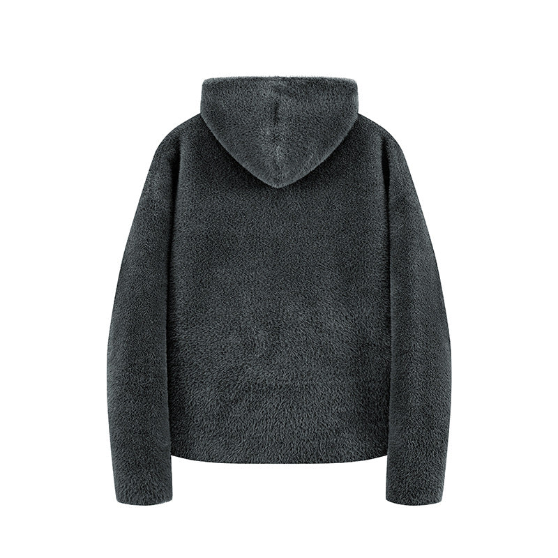 Damen Kurz geschnittene Teddy-Fleece-Kapuzenjacke mit Metall-Reißverschluss Drune
