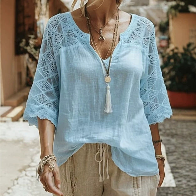 Damen nan locker fallende Tunika-Bluse im Boho-Stil mit gehäkelten Schulter- und Ärmeldetails Drune