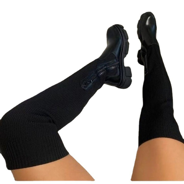 Damen Overknee-Stiefel mit elastischem Rippstrickschaft und grober Profilsohle Drune