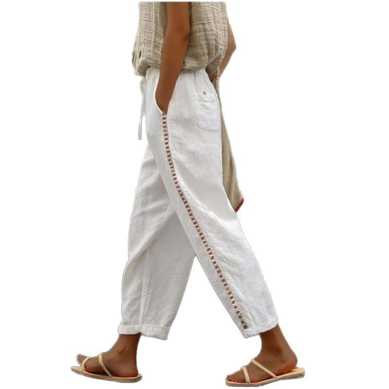 Damen Komfortable Leinenhose mit dekorativem Seitenverschluss Drune