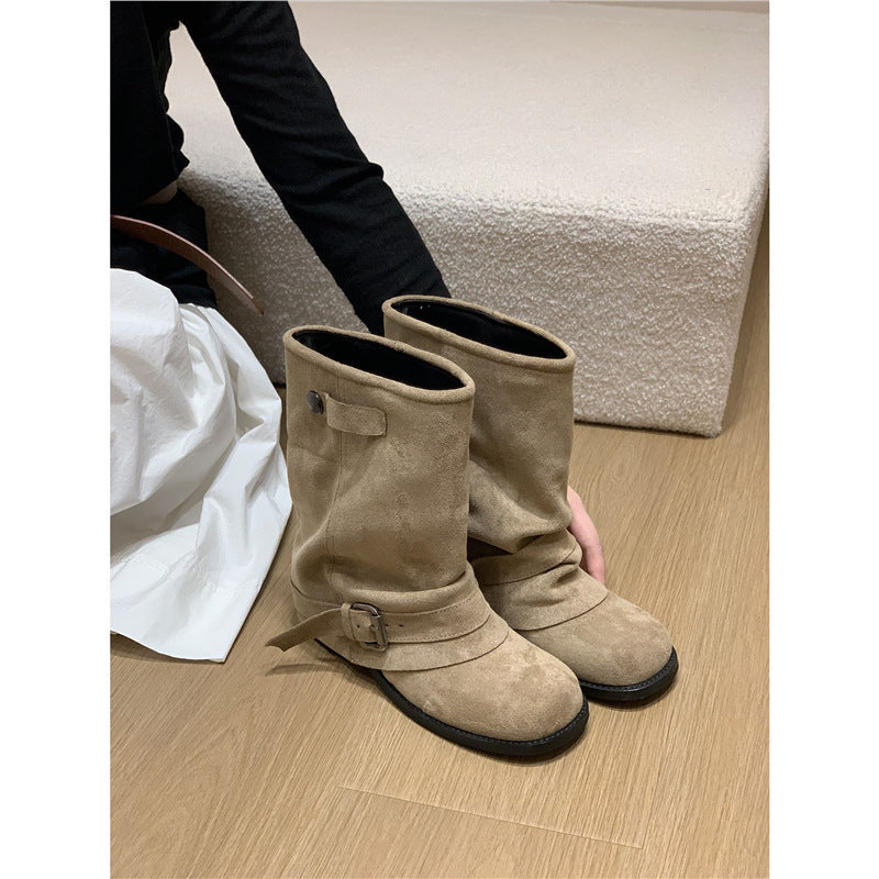 Damen Slouchy Bikerstiefeletten mit verstellbarem Schnallenriemen und runder Zehenform Drune