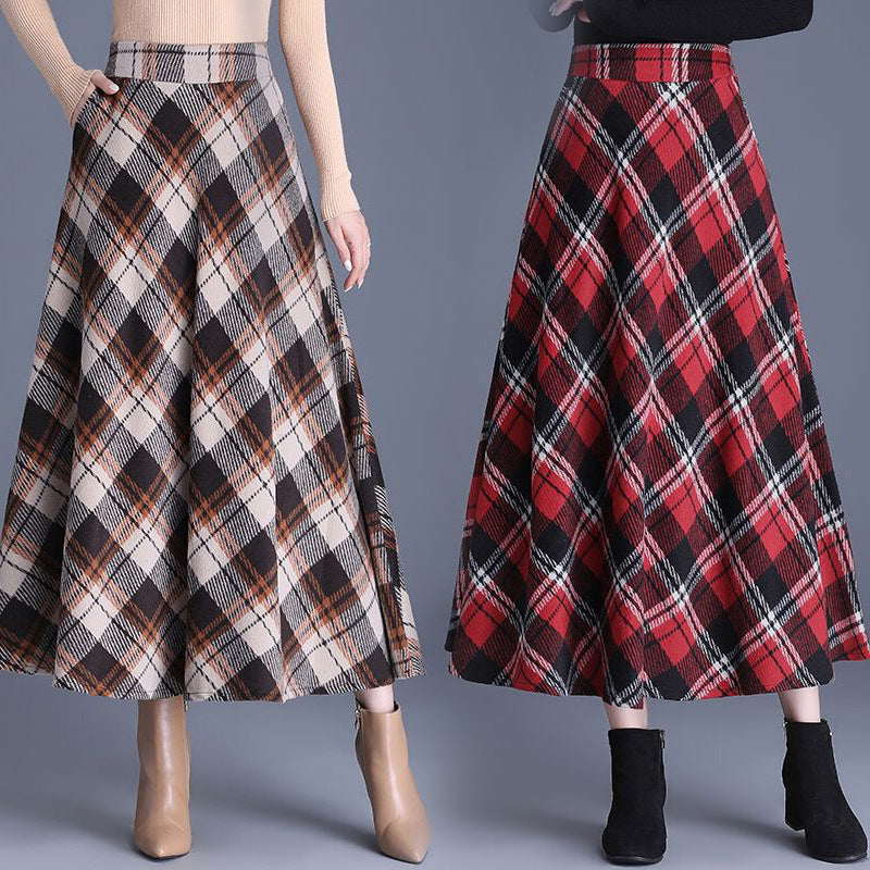 Damen nan weiter karierter Tellerrock aus Wollmix mit hoher Taille und Eingrifftaschen Drune