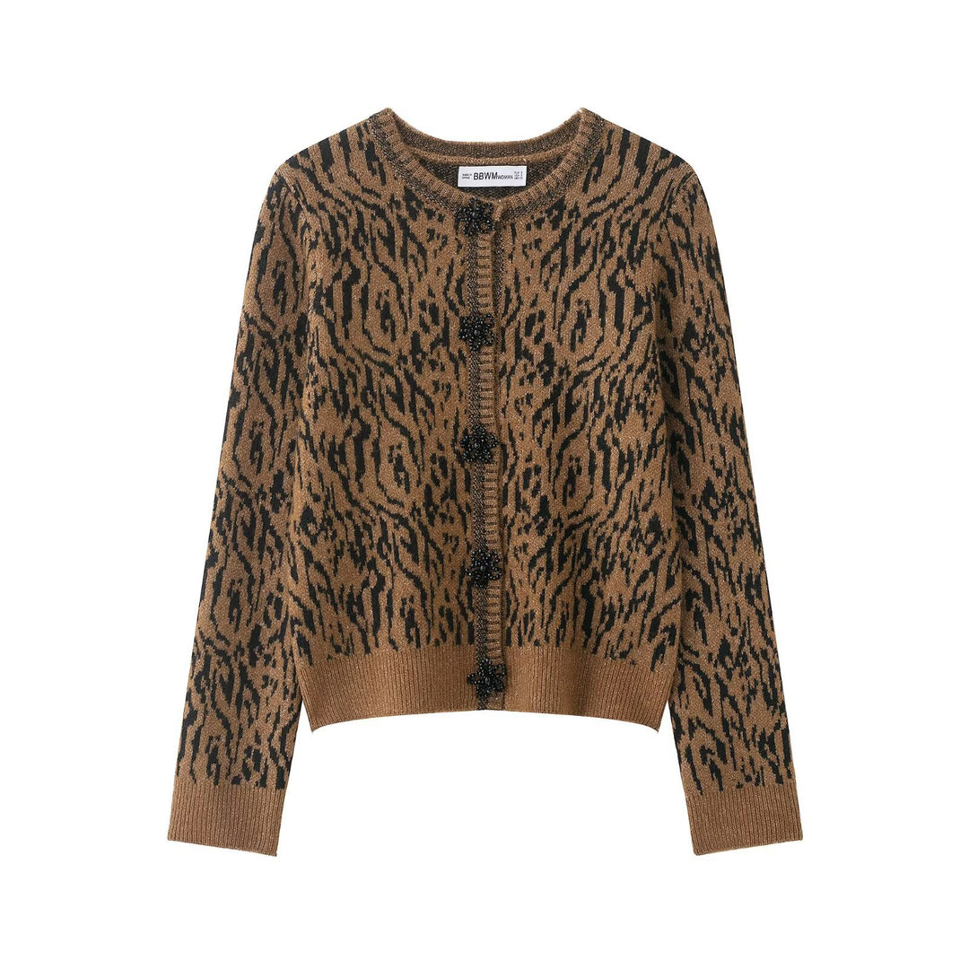 Damen Kurze Strickjacke mit Leopardenmuster und Perlenblütenknöpfen Drune