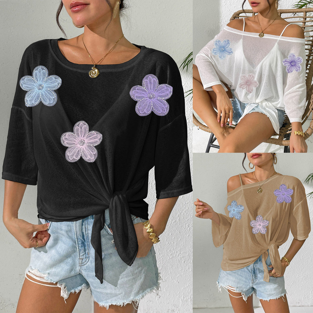 Damen lässiges Oberteil mit floralem Design und seitlichem Knoten Drune