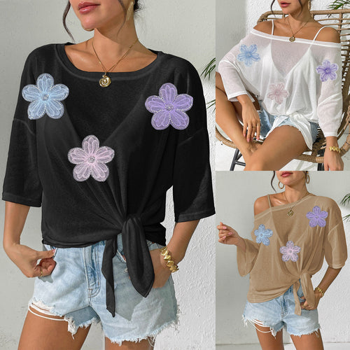 Damen lässiges Oberteil mit floralem Design und seitlichem Knoten Drune