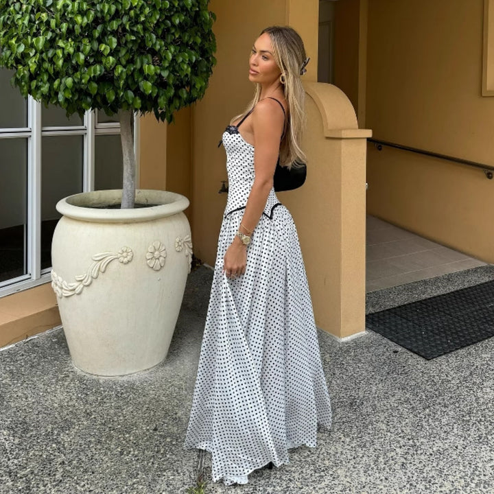 Damen Maxikleid mit gepunktetem Design und Spitzendetails Drune