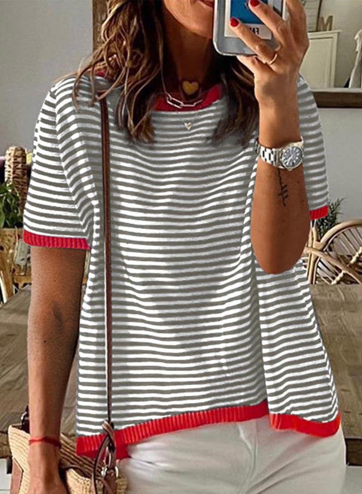 Damen gestreiftes Kurzarmshirt mit kontrastierenden Bündchen und weichem Material Drune