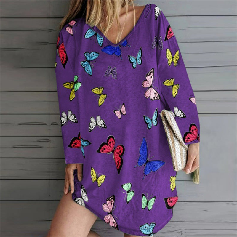 Damen Oversize Tunika-Kleid mit V-Ausschnitt und Schmetterlingsprint Drune