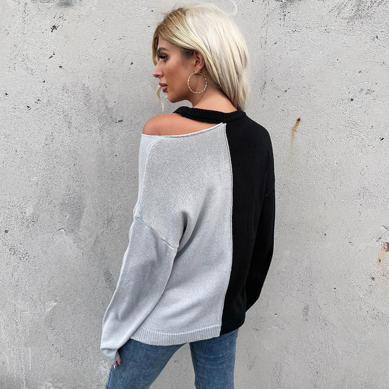 Damen Asymmetrischer Colorblock-Pullover mit Cut-Out-Schulter und Oversize-Feinstrick Drune
