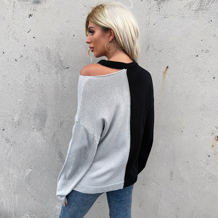 Damen Asymmetrischer Colorblock-Pullover mit Cut-Out-Schulter und Oversize-Feinstrick Drune