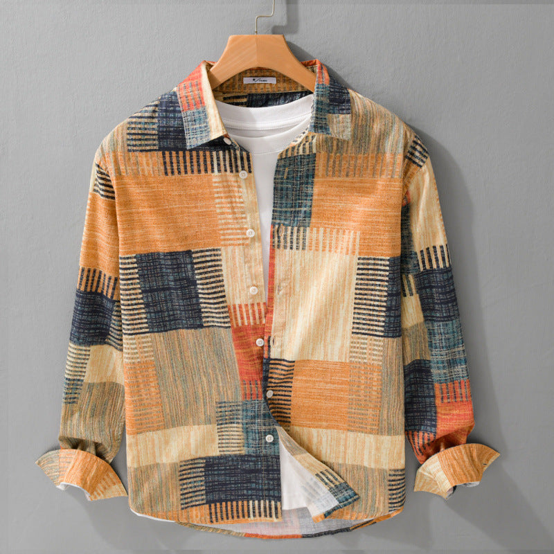 Herren Gemustertes Langarm-Hemd im Patchwork-Look aus leichtem Baumwollmix Relaxed Fit Drune