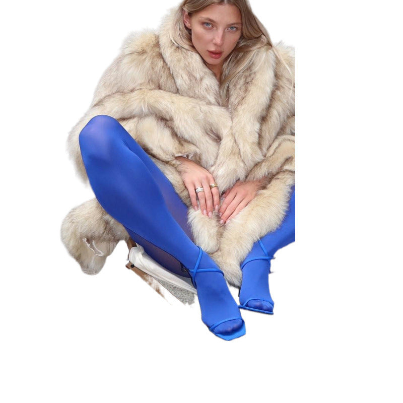 Damen luxuriöser Kunstfellmantel mit breitem Revers und seitlichen Taschen Drune