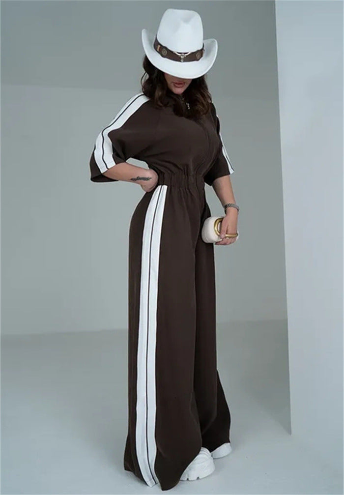 Damen Langer Jumpsuit mit Taillengebund und Kontraststreifen