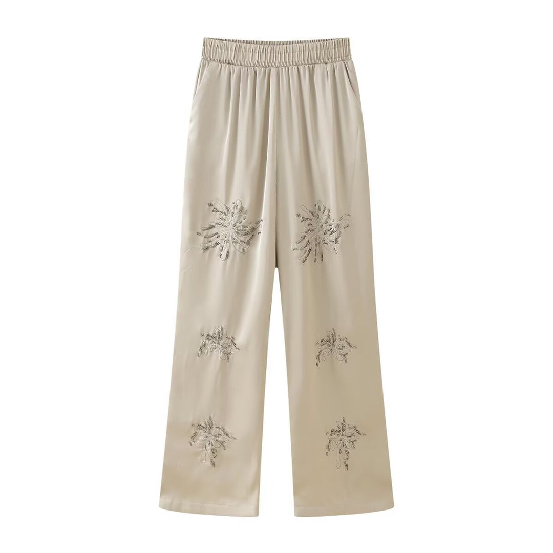 Damen Elegante Satinhose im Palazzo‑Schnitt mit elastischem Umschlagbund und floraler Zierstickerei Drune