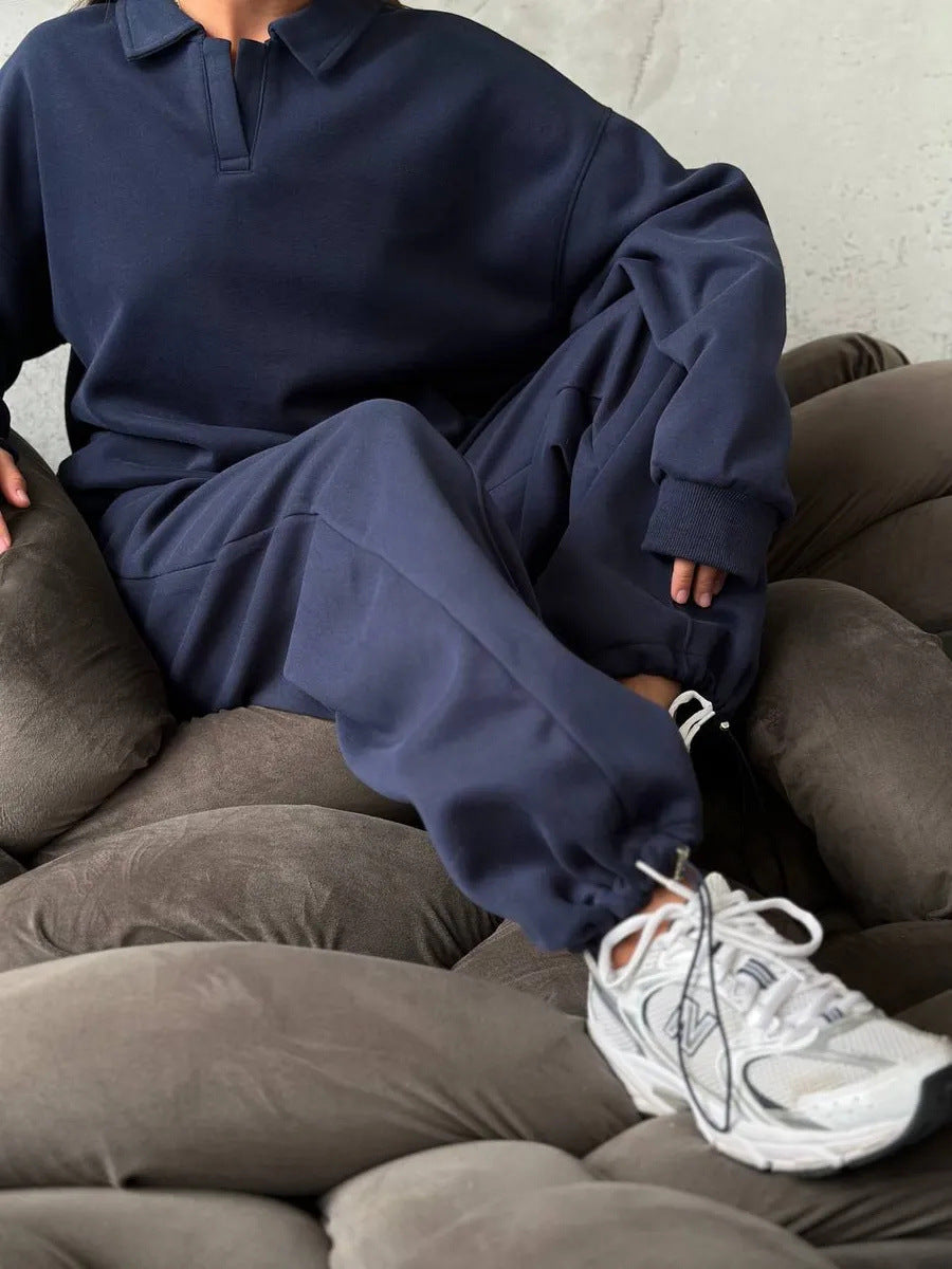 Damen Relaxed Polo-Sweatshirt mit V‑Notch und geraffter Tunnelzug-Jogginghose Drune