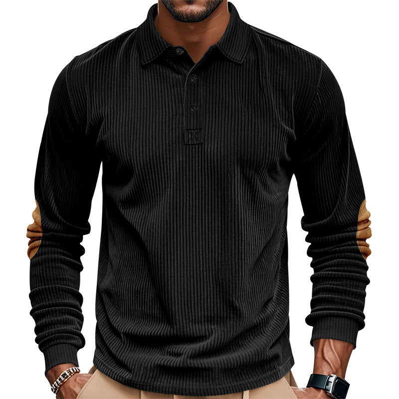 Herren nan schwerer gerippter Baumwoll-Polo-Pullover mit Kentkragen dreifach-Knopfleiste und Wildleder-Ellenbogenpatches Drune